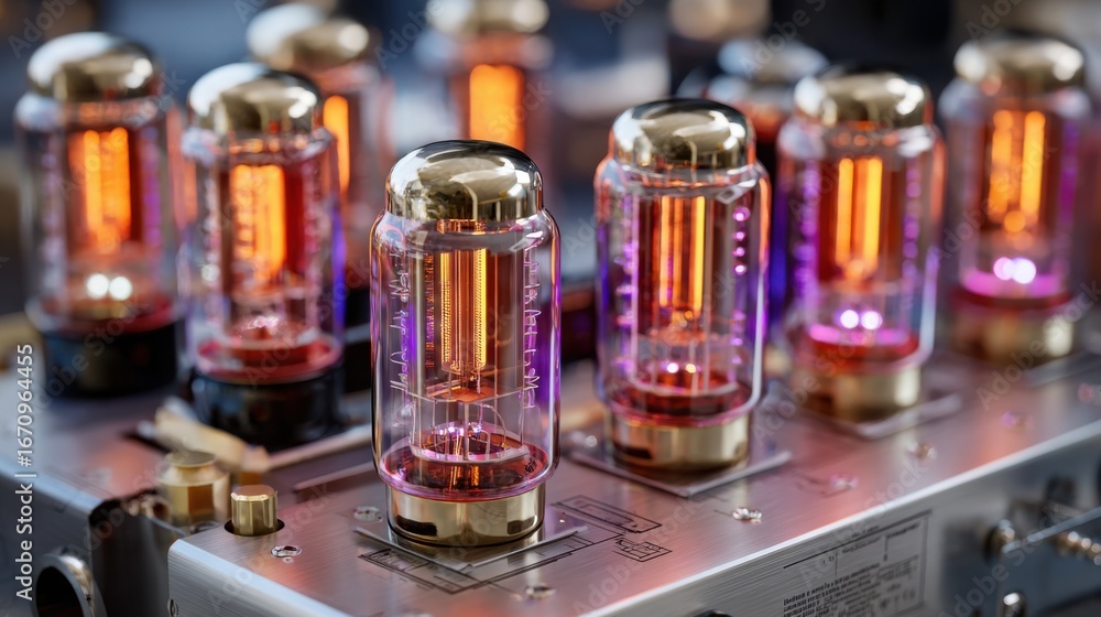 Poster close focused view of glowing vacuum tubes plugged into a custom machined amp chassis with blurred c