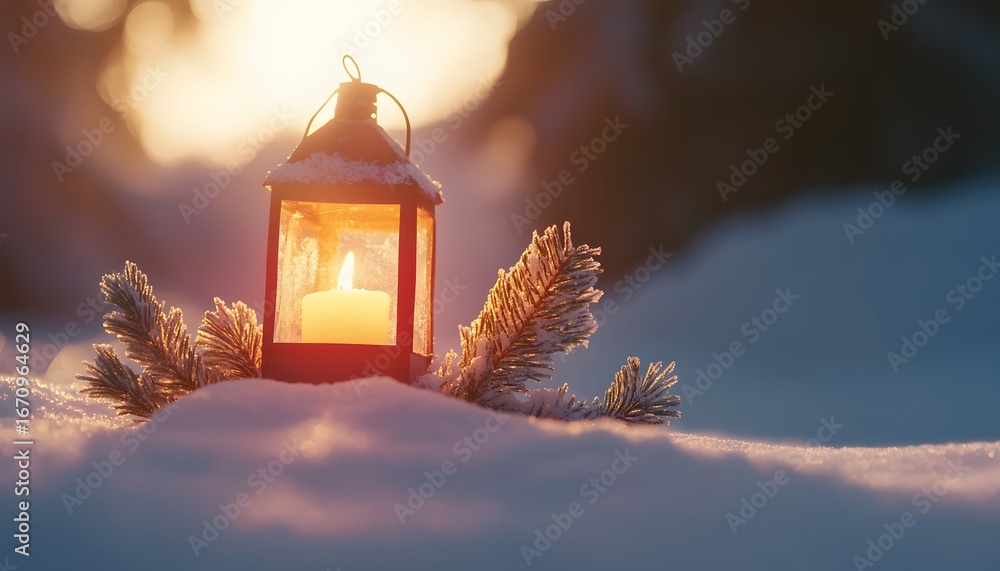 Poster a lit candle inside a snow covered lantern sits in the snow with pine branches on each side, illumin