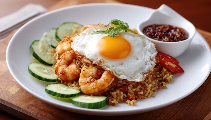 Shrimp fried rice with egg and cucumber garnish