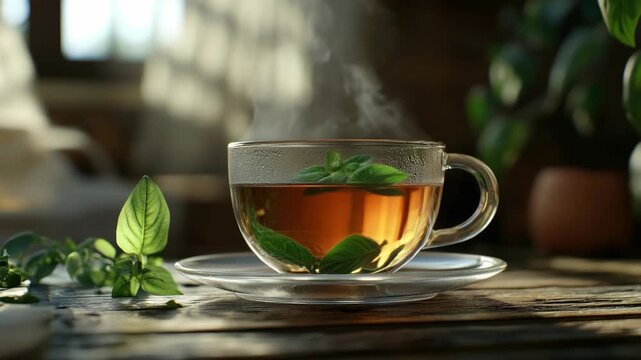 Close-up of a tea cup and saucer filled with steeped green tea, garnished with fresh mint leaves. The  conveys the idea of natural refreshment and the simple pleasure of enjoying a warm beverage. - Powered by Adobe