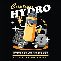 Cute cartoon yellow sport bottle character walking cheerfully with gloves, sneakers, and a happy face illustration