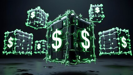 Ominous cubes of data wrapped in digital barbed code with flashing symbols.