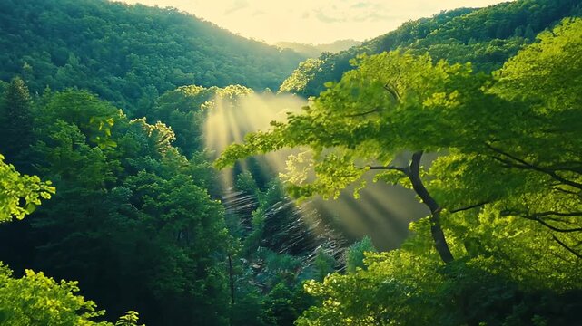 Sunbeams pierce forest canopy with illuminating vibrant green trees for serene valley magical glow nature landscape peace wonder environmental travel scenic concept