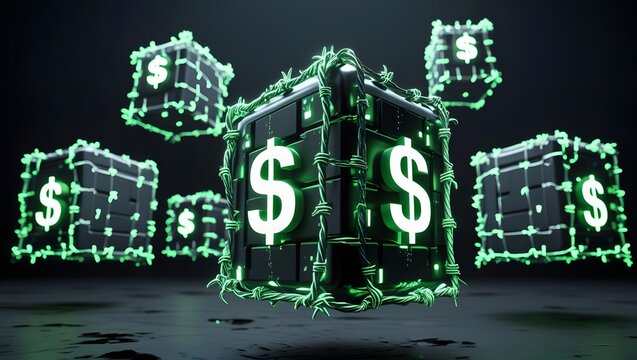 Ominous cubes of data wrapped in digital barbed code with flashing symbols.