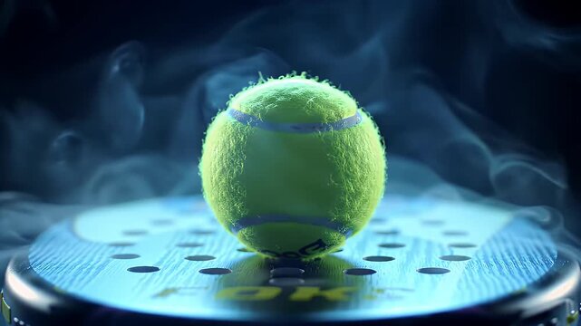 padel paddle tennis ball resting on a paddle, surrounded by cool mist, highlighting the texture and sport