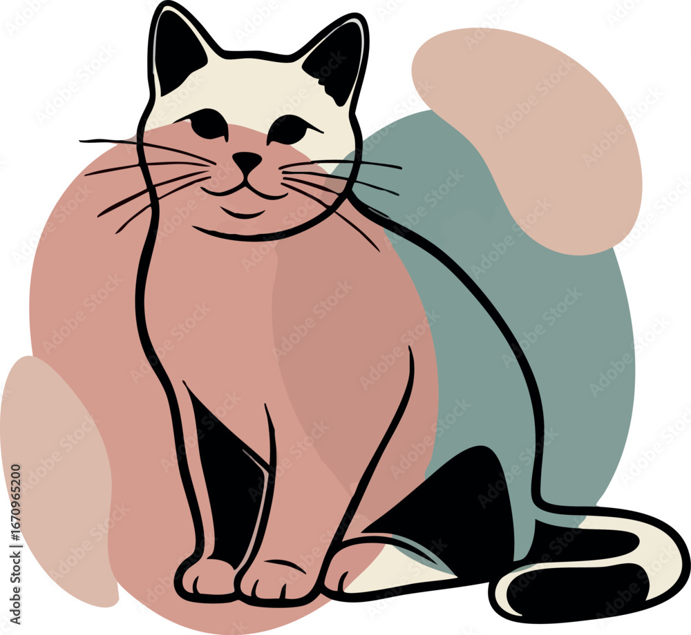 Poster sitting cat with beige and green abstract shapes vector art in simple flat style for design projects