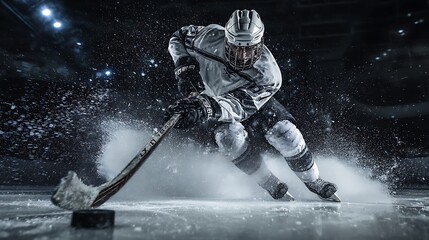 A hyper-realistic cinematic photograph of an ice hockey player taking a slapshot. The player is in a powerful, dynamic pose, with the stick bent and the puck about to be hit. The sharp lights 