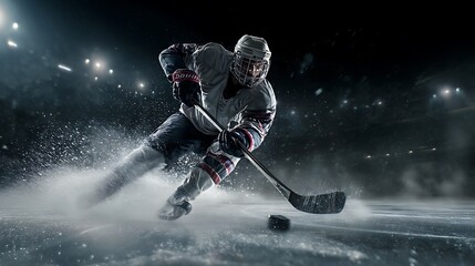 A hyper-realistic cinematic photograph of an ice hockey player taking a slapshot. The player is in a powerful, dynamic pose, with the stick bent and the puck about to be hit. The sharp lights 