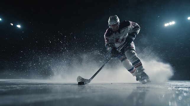 A hyper-realistic cinematic photograph of an ice hockey player taking a slapshot. The player is in a powerful, dynamic pose, with the stick bent and the puck about to be hit. The sharp lights 