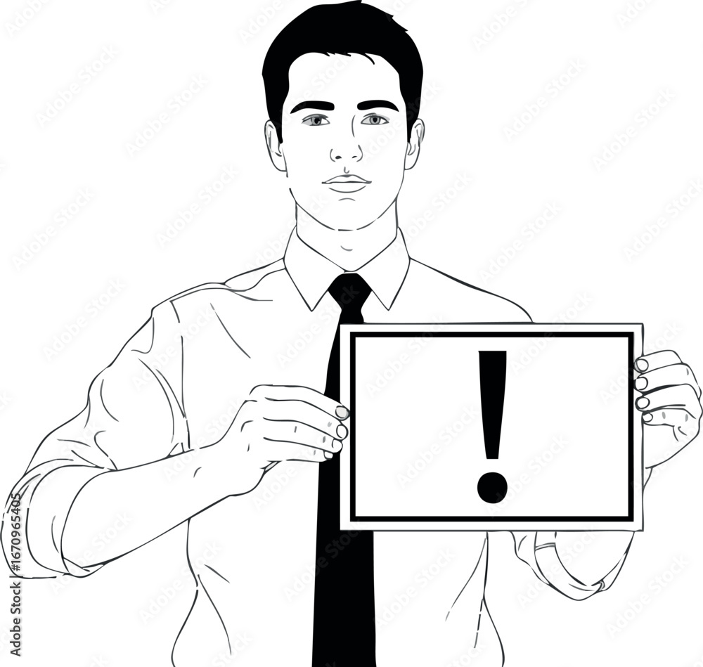 Poster man holding sign with exclamation mark alert symbol vector illustration for attention and warning me