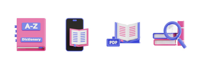 3D Digital Reading and Research Icon Set