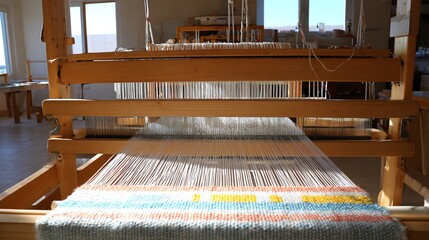 A wooden loom is actively engaged in creating a colorful woven textile, showcasing the traditional craft of weaving within a bright, airy studio environment.