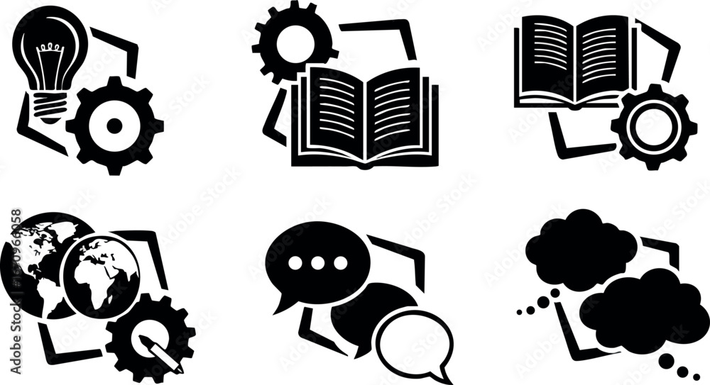Poster technology and communication icons with gears and speech bubbles in black vector design for digital 