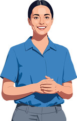 Smiling woman in blue shirt standing with hands clasped vector illustration for professional or casual use
