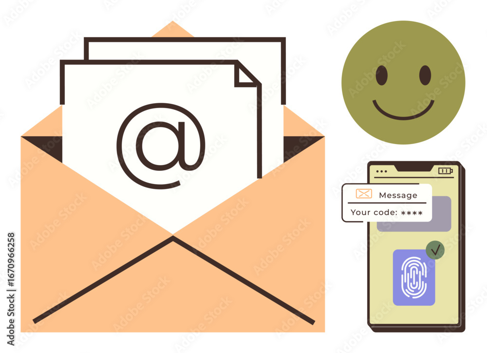Poster open envelope with at symbol paper, fingerprint authentication on a phone, and smiling face. ideal f