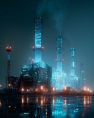 Futuristic power plant with holographic clean energy overlay