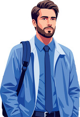 Young professional man in blue jacket and tie with backpack confident posture business style vector illustration