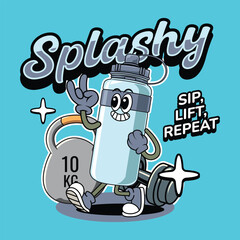 Cute cartoon blue sport bottle character walking cheerfully with gloves, sneakers, and a happy face illustration