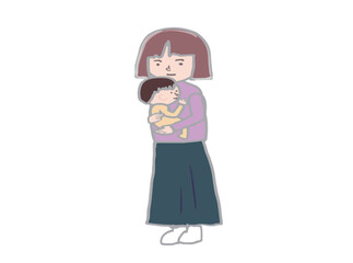 Illustration of a young mother holding a sleeping baby