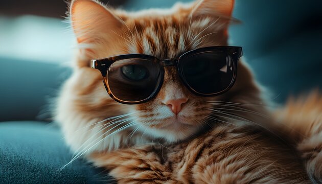 A fluffy ginger cat with green eyes is wearing dark tortoiseshell sunglasses and relaxing.