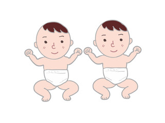 An illustration of two twins posing side by side in diapers, smiling