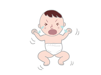 Illustration of a crying, round-faced baby in a diaper