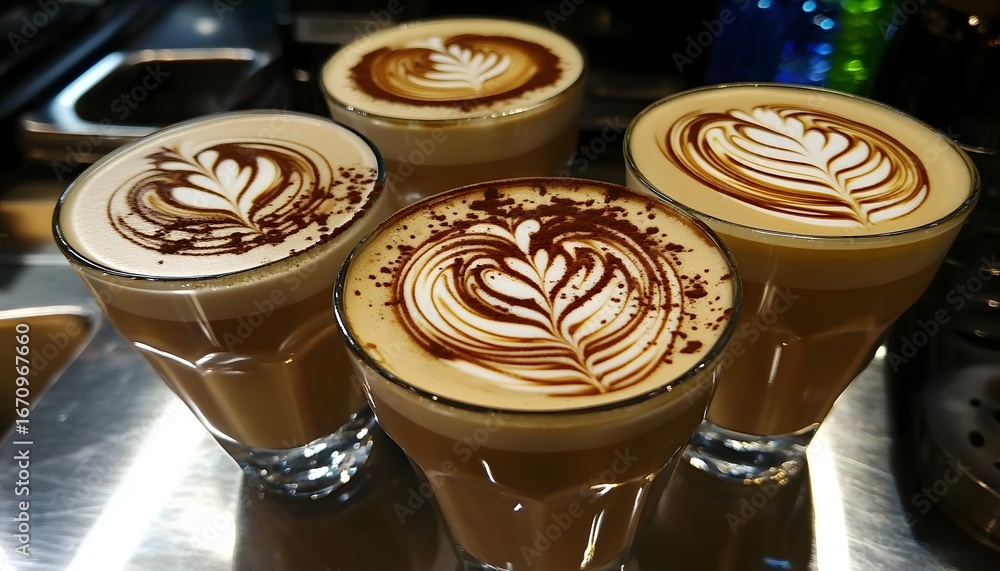 Poster the image shows four glasses of coffee, each with detailed latte art featuring a leaf-like pattern a