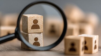 Searching for a new job concept. Magnifying glass and wooden cube with people icons. Online recruitment application specialist search service concept