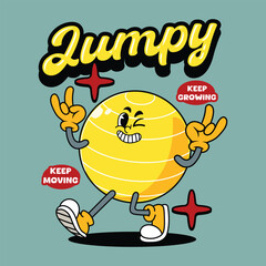 Cartoon yellow Gym Ball character winking, walking, and throwing rock hand gestures illustration