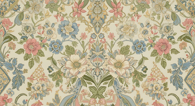 Symmetrical vintage floral damask pattern with pastel pink and blue flowers.