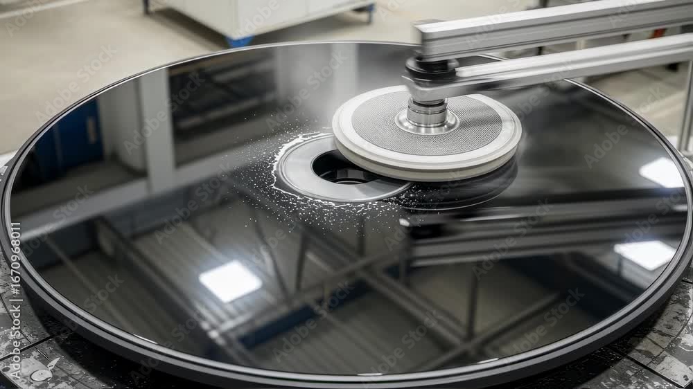 Poster overhead view of a large circular mirror blank mounted on a rotating platform as fine abrasive polis