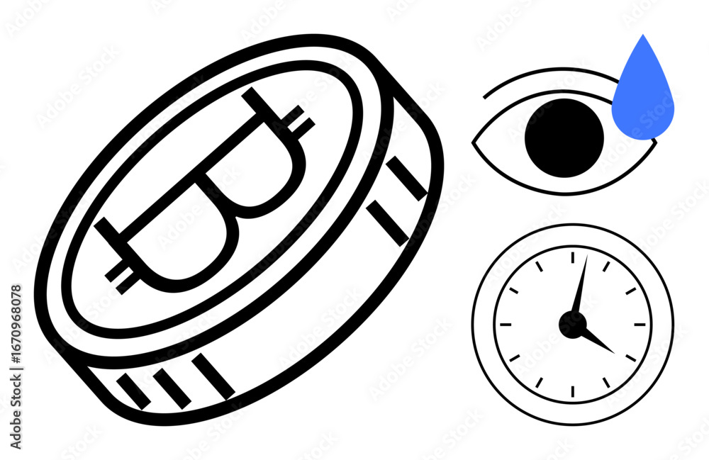 Poster bitcoin coin with engraved symbol, eye with a teardrop, and analog clock pointing to 2 oclock. ideal