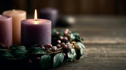 Single candle lit on advent wreath for first week of advent with pillar candles, wood background and copy space
