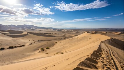 Expansive view of sand dunes under a bright blue sky with scattered white clouds above