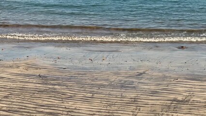 The tranquil beach is complemented by gentle waves that lap softly against the sand