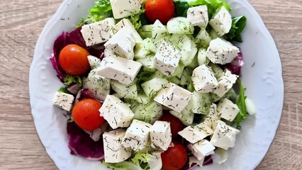 A Delicious Fresh Salad Featuring Feta Cheese, Juicy Tomatoes, and Crisp Cucumbers