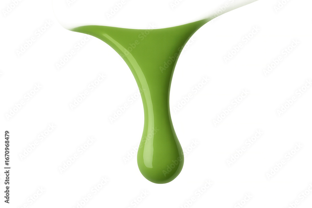 Poster green paint splashing, forming dynamic droplets with glossy texture, arcing through transparent back