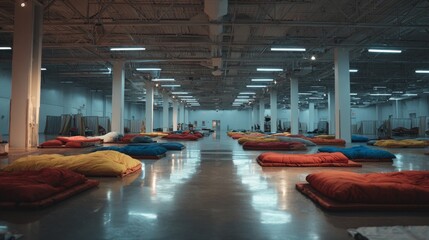 Spacious emergency shelter room with floor mats and pillows arranged as temporary sleeping spaces for humanitarian crisis relief and communal refuge