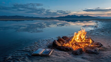 Sunset campfire by still lake with book