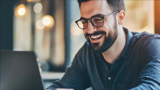 A young man with beard and glasses, wearing a polo shirt, working on his laptop with smile on his face.