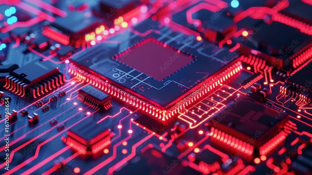 Poster red and black electronic circuit board, focusing on a single microprocessor chip with red light illu