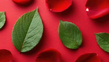 Red background with rose petals and leaves
