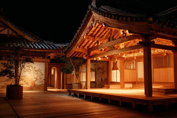 夜に照らされた伝統的な能舞台の風景