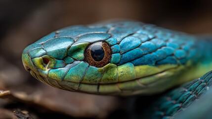 Obraz premium A captivating close-up reveals the intricate scales and mesmerizing gaze of a vibrant blue snake, highlighting its natural beauty and reptilian texture.