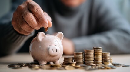 Saving money investment for future. old man hand putting money coins in a piggy bank.investment, money, annuity insurance, saving for retirement and pension fund concept.Individual retirement account.