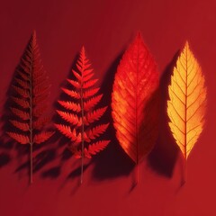 Four autumn leaves, varying shades of red and gold, on a deep burgundy background