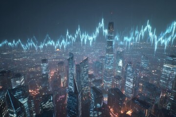 Obraz premium Futuristic financial hub with glowing holographic economy charts