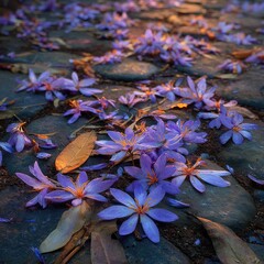 Fallen purple flowers on cobblestones, bathed in golden light