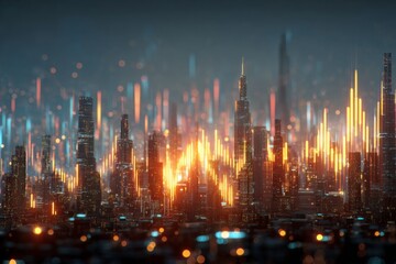Fototapeta premium Futuristic financial hub with glowing holographic economy charts