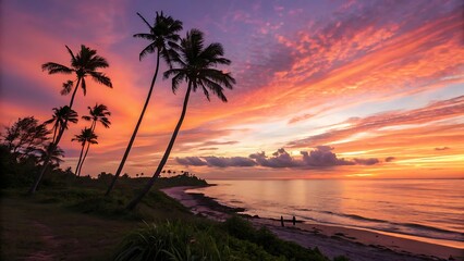 Palm trees silhouetted against a vibrant sunset sky above a tropical beach scene